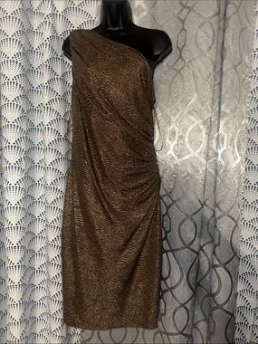 Ralph Lauren One-Shoulder Metallic Brown Cocktail Dress Sz 14